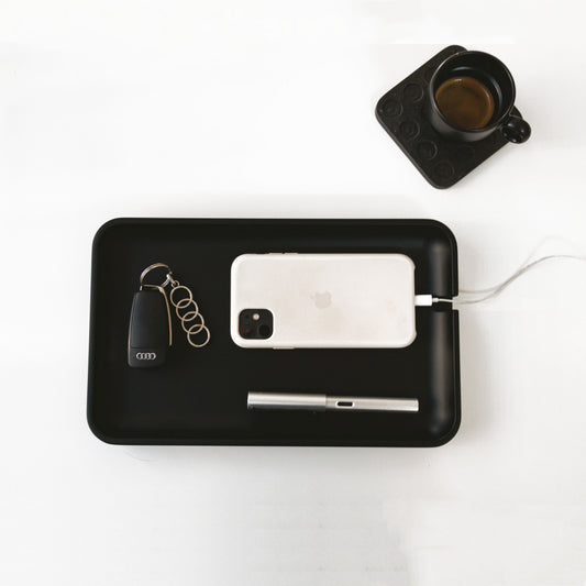 Black Valet Tray with Cord Cutout