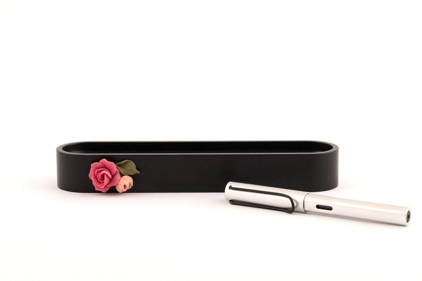 Black Oval Pen Tray with Flower and Bud