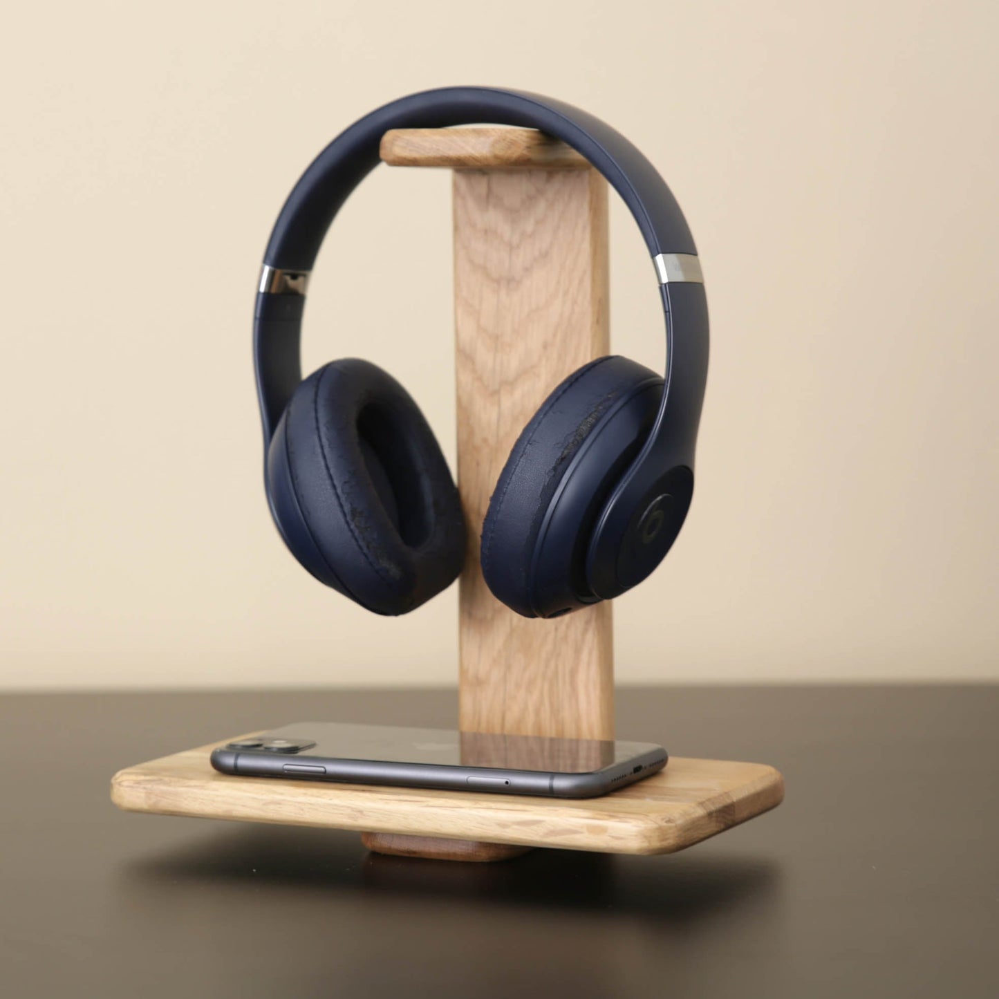 Oak Wood Headphone Stand with Phone Tray