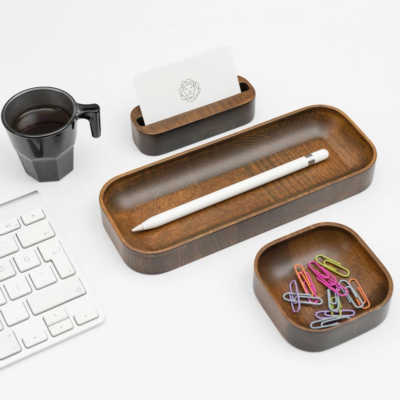 Walnut Stained Beechwood Desk Organizer Set
