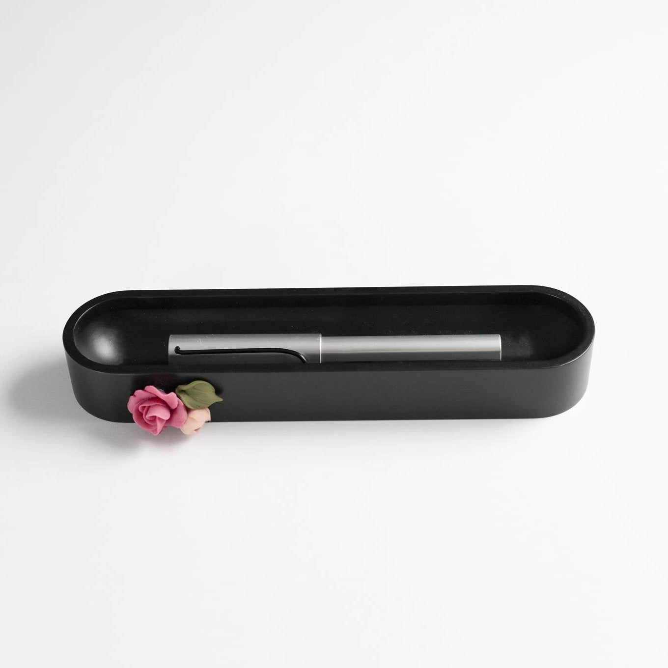 Black Oval Pen Tray with Flower and Bud