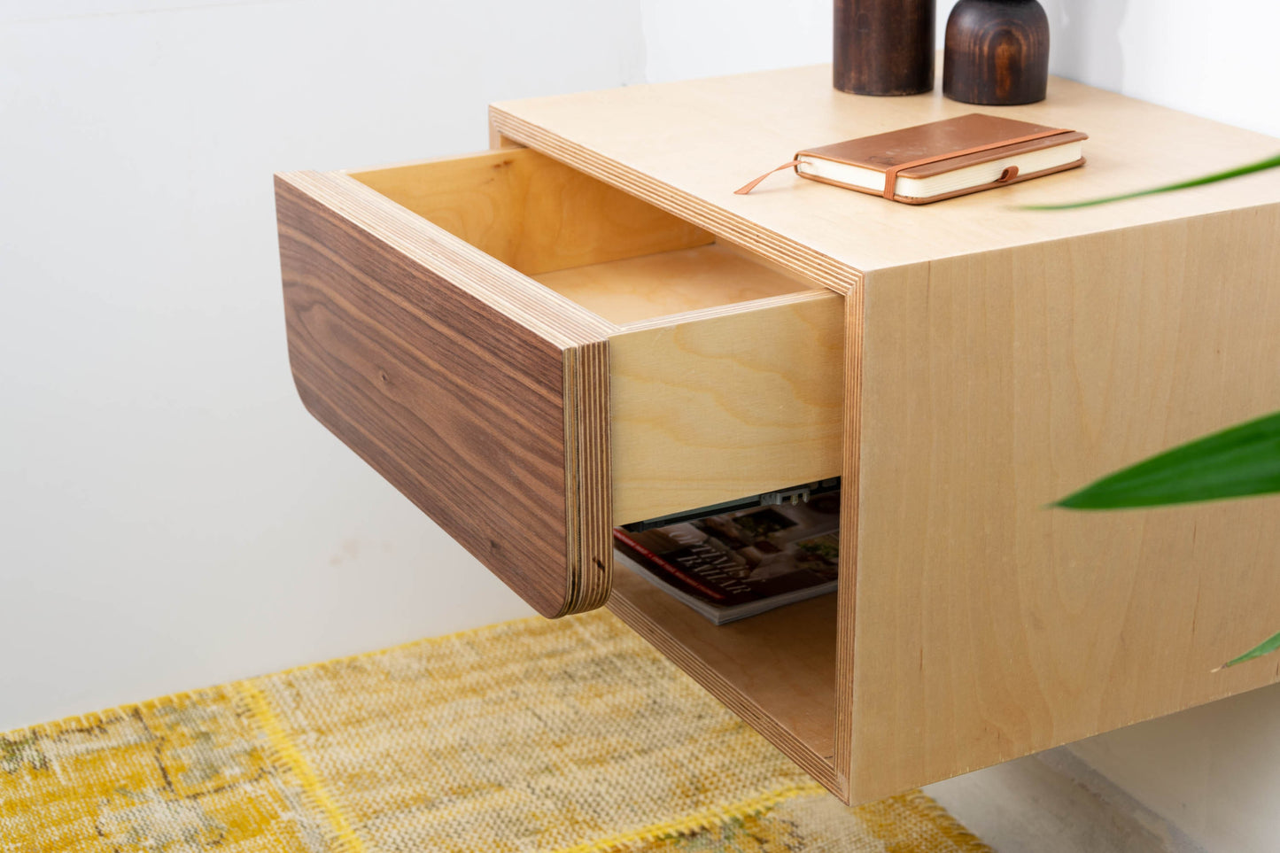 Modern Floating Nightstand with Drawer, Birch Bedside Table Wall Mounted,