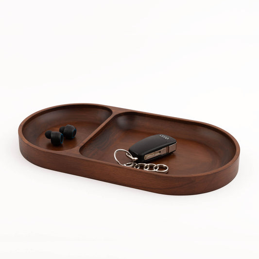 Oval Valet Tray, 2 Compartments, Mahogany Stained