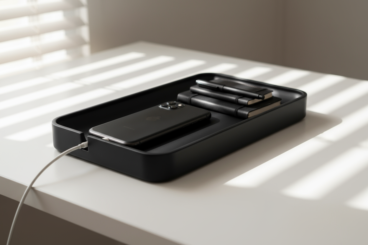 Black Valet Tray with Cord Cutout