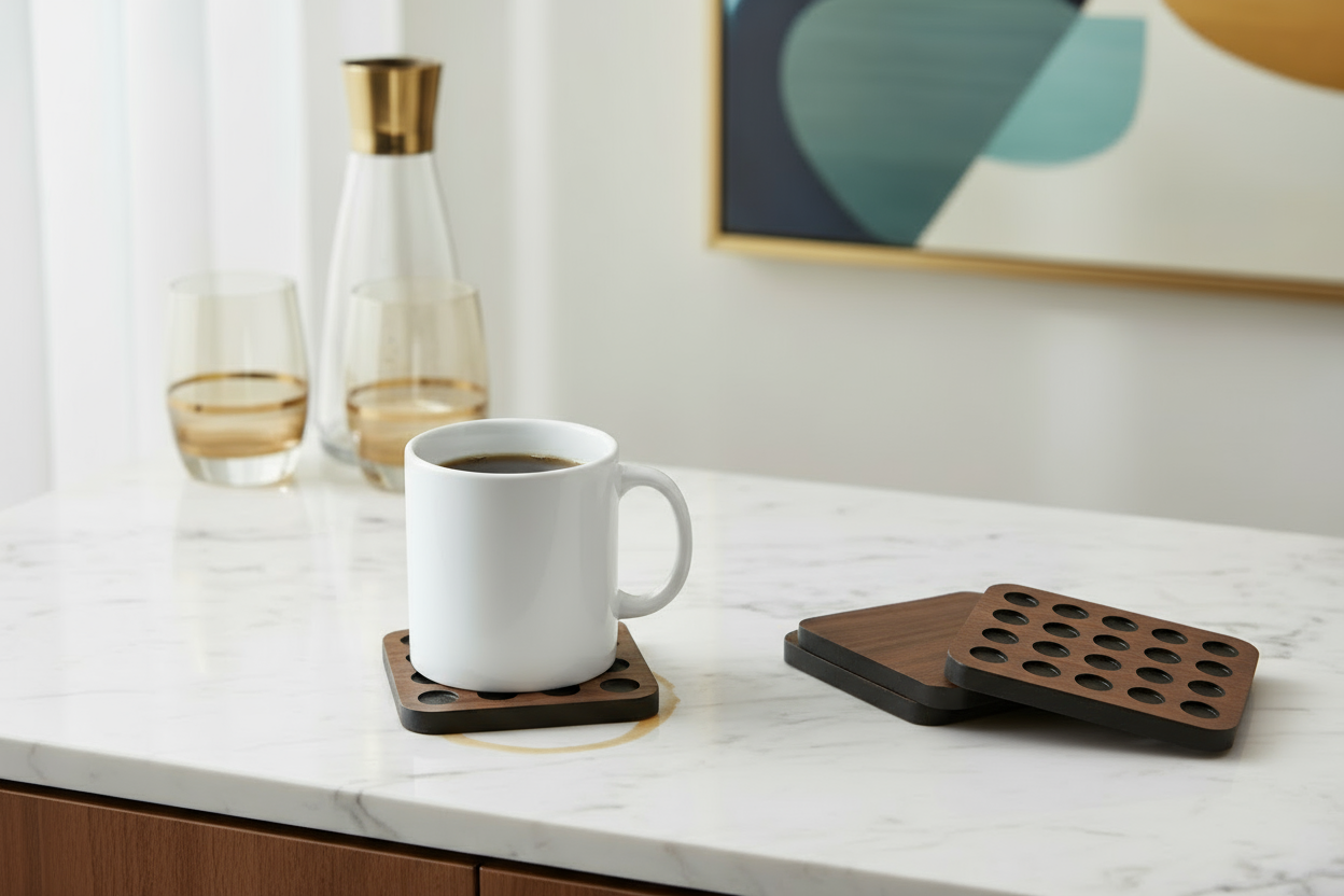 IULIA Walnut with Black Circles Wood Coaster