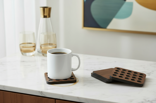 IULIA Walnut with Black Circles Wood Coaster