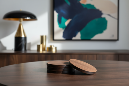 Walnut and Black Round Wood Coaster with Cork Rubber Bottom