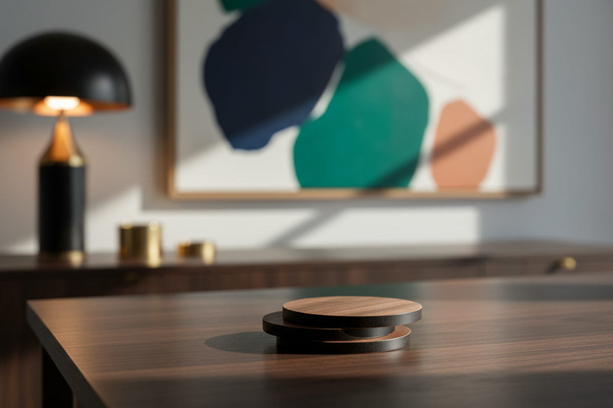 Walnut and Black Round Wood Coaster with Cork Rubber Bottom