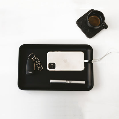 Black Valet Tray with Cord Cutout