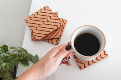Red and Oak Zigzag Wood Coaster