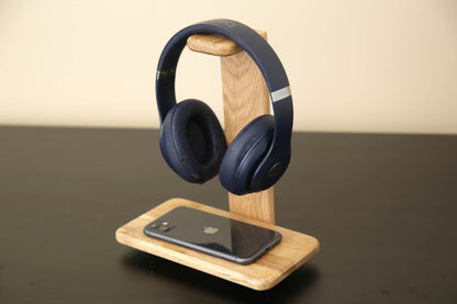 Oak Wood Headphone Stand with Phone Tray