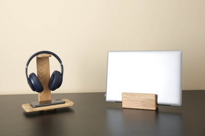 Oak Wood Headphone Stand with Phone Tray