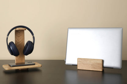 Oak Wood Headphone Stand with Phone Tray