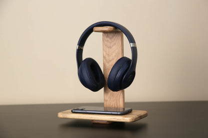 Oak Wood Headphone Stand with Phone Tray