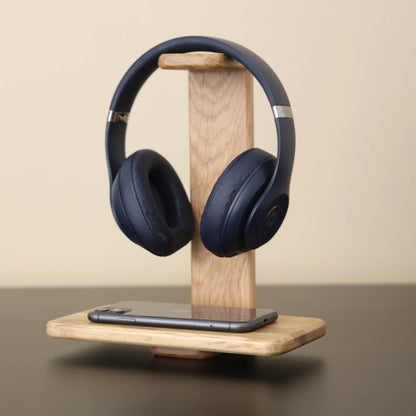 Oak Wood Headphone Stand with Phone Tray