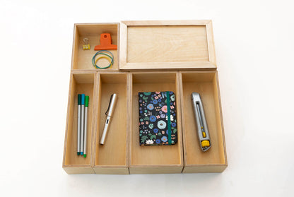 Wood Drawer Organizer Set, 6 Piece Wooden Storage Boxes, Makeup , Jewelry, Pen and Junk Organizer Trays Made of Plywood