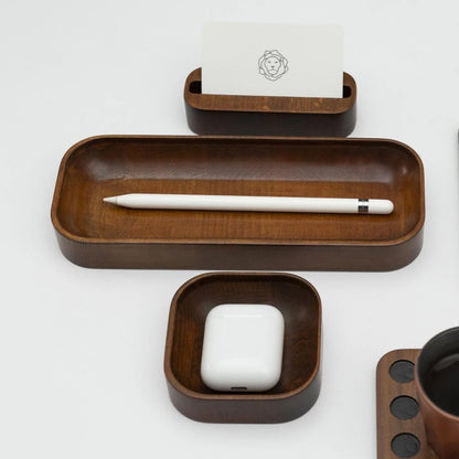 Walnut Stained Beechwood Desk Organizer Set