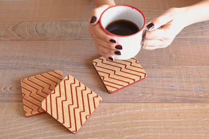 Red and Oak Zigzag Wood Coaster
